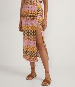 Saia Midi em Tricoline Estampa Quadriculada com Caju e Franzido