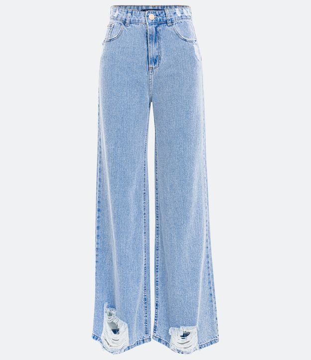 Calça Wide Leg em Jeans com Bolsos e Puídos Azul 5