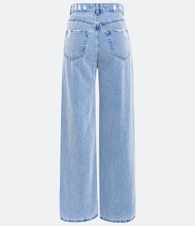 Calça Wide Leg em Jeans com Bolsos e Puídos Azul 6