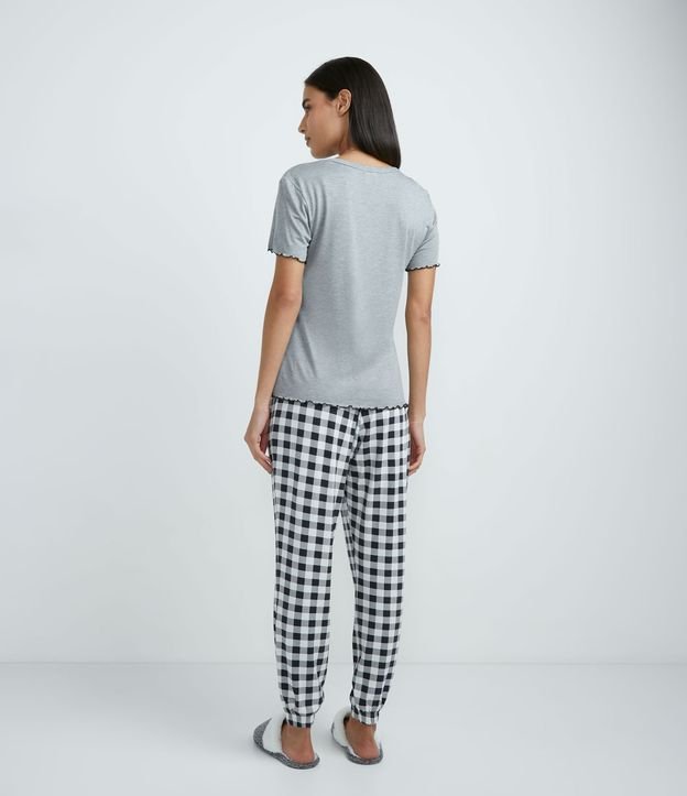 Pijama Longo em Viscolycra com Blusa Manga Curta e Calça Xadrez Pied-de- Poule, Shopping