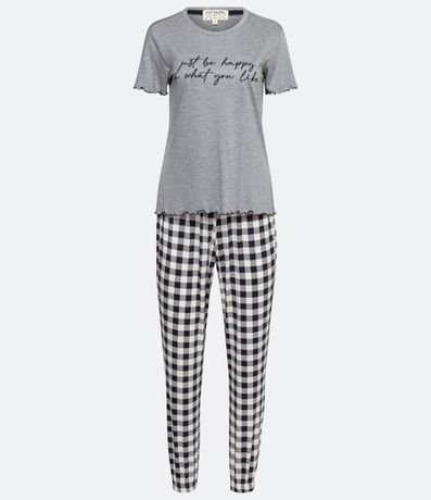 Pijama Longo em Viscolycra com Blusa Manga Curta e Calça Xadrez Pied-de- Poule, Shopping