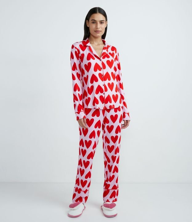 Pijama Americano Largo en Viscolycra con Estampado de Corazón Rojo 1