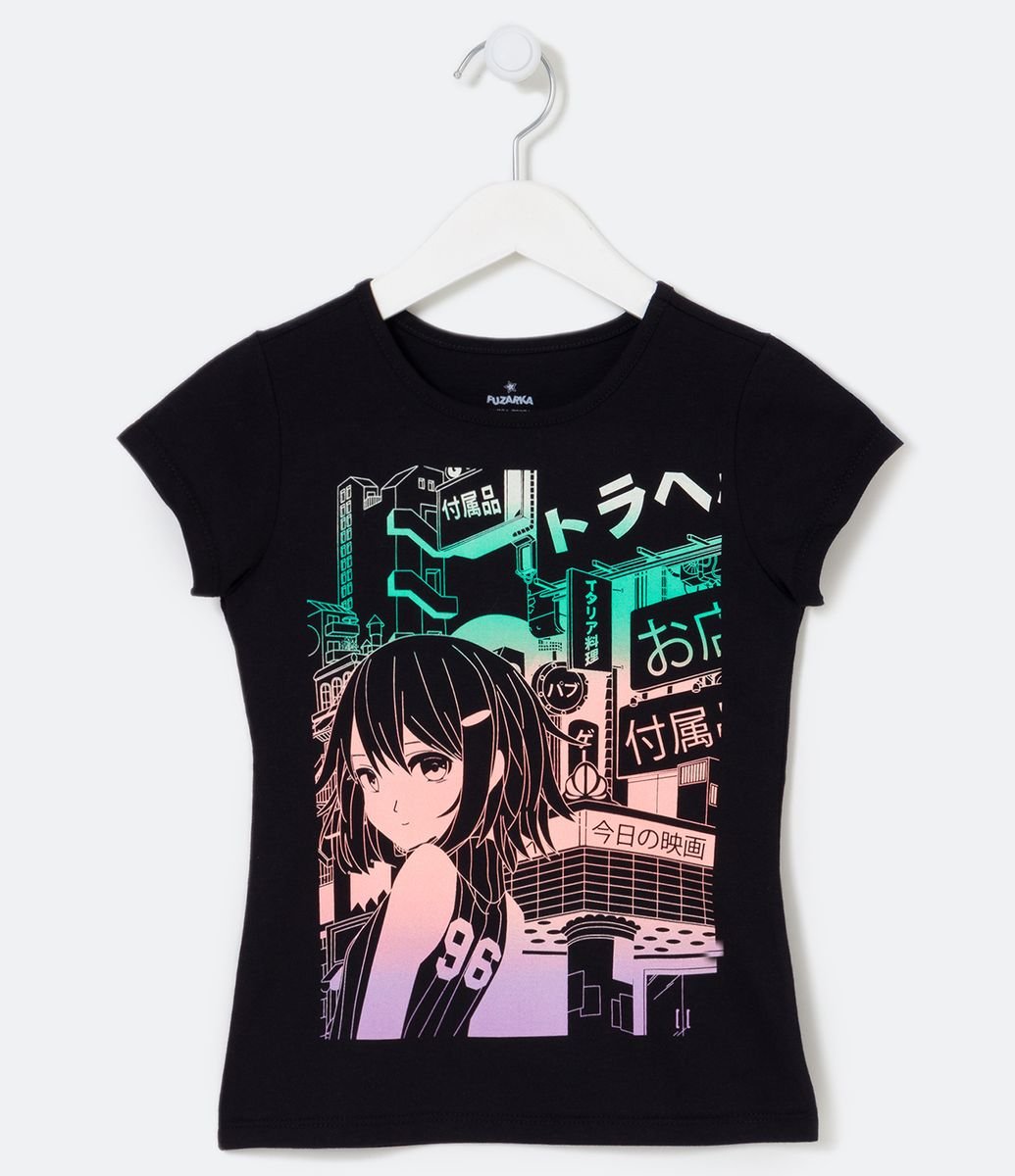 Blusa Infantil com Estampa de Menina Coreana - Tam 5 a 14 anos Preto