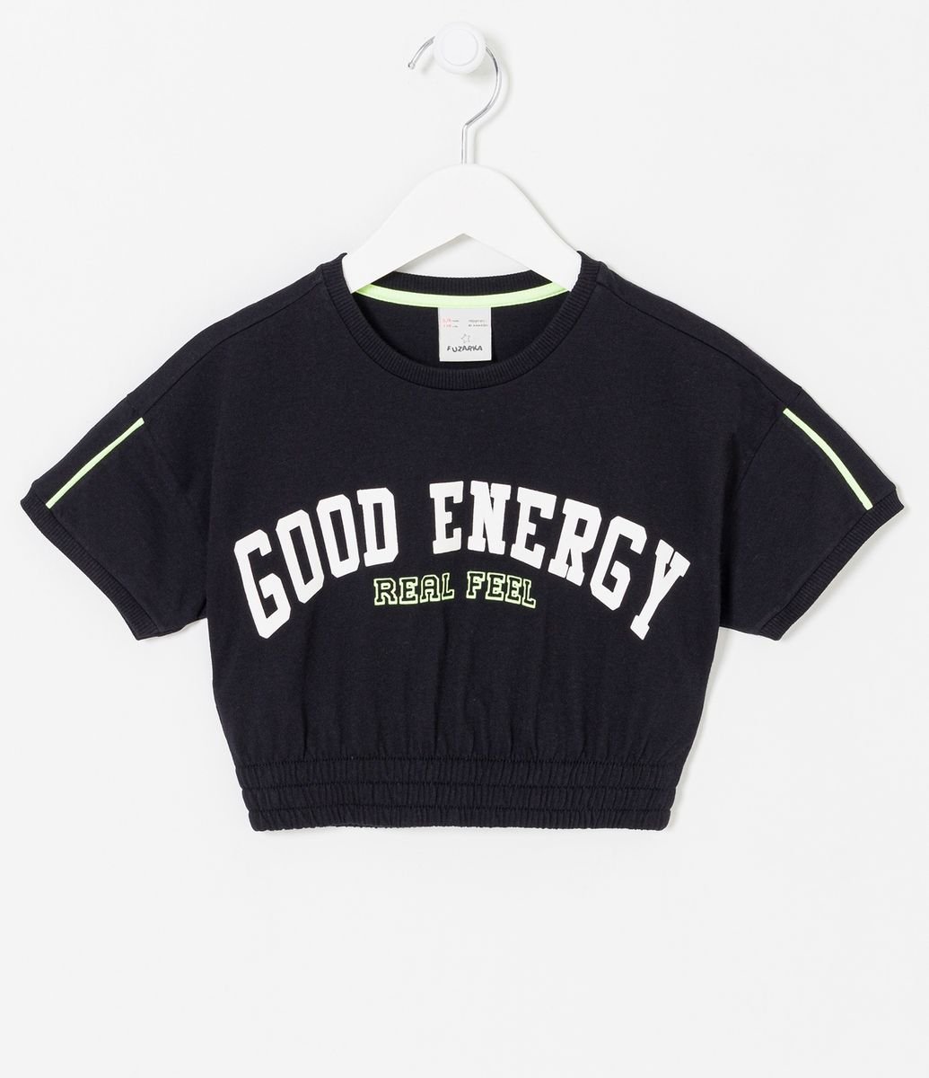 Menor preço em Blusa Cropped Infantil com Lettering "Good Energy" Tam 5 a 14 Anos