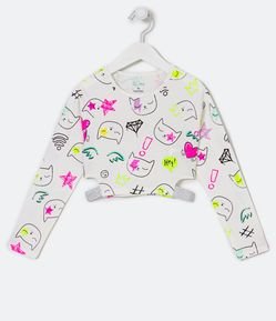 Blusa Infantil com Estampas de Gatinhos e Mordidinhas Laterais - Tam 5 a 14 anos