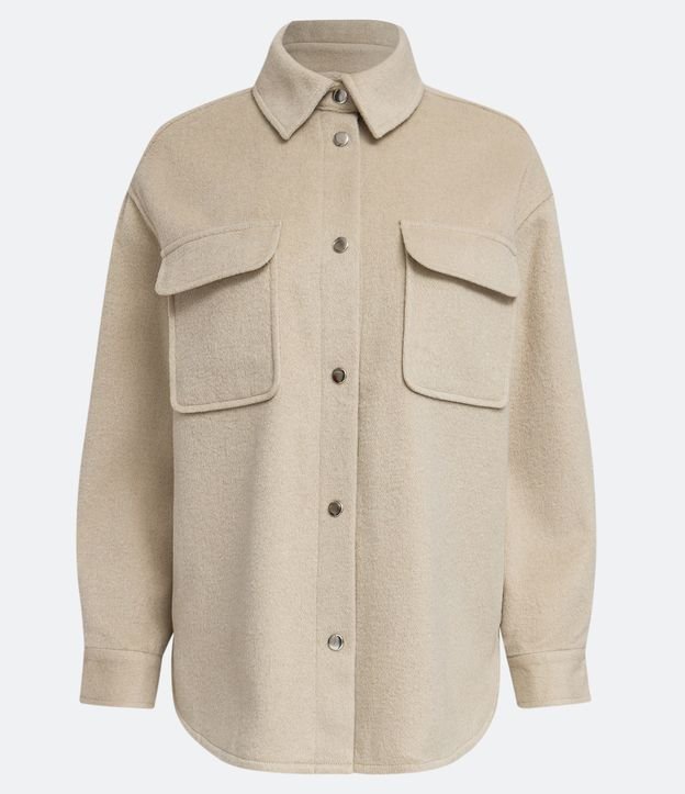 Campera en Polivelour con Cuello Camisero y Bolsillos Delanteros Beige 6