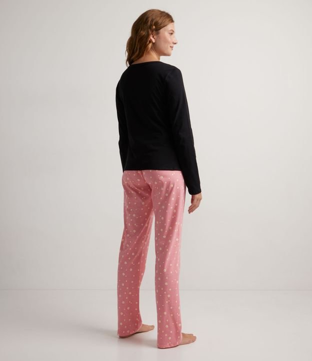 Pijama Largo en Algodón con Estampado de Palomitas Negro 2