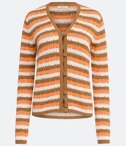 Cardigan em Tricô Listrado com Ponto Diferenciados e Botões