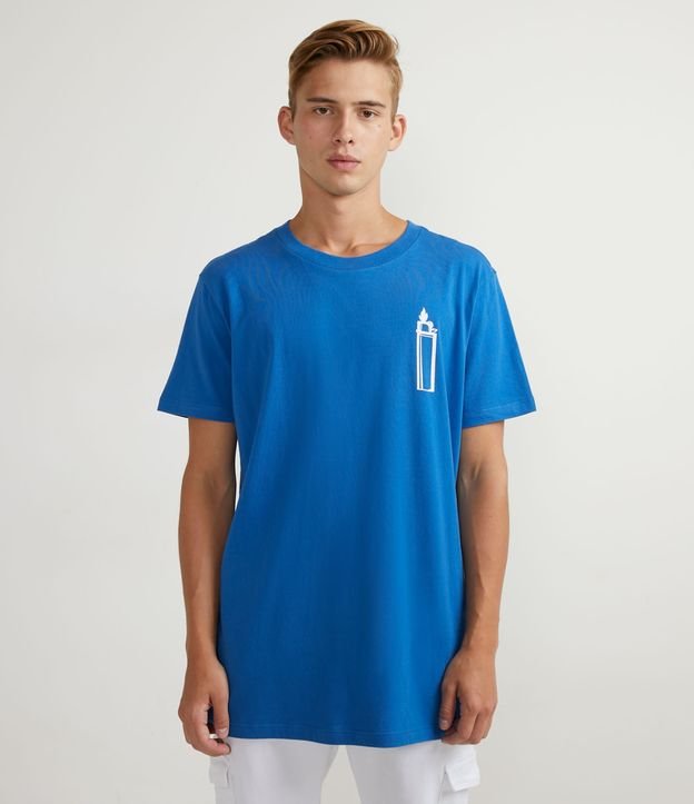 Camiseta Slim Manga Curta com Estampa Isqueiro no Peito e Lettering nas Costas - Cor: Azul - Tamanho: P