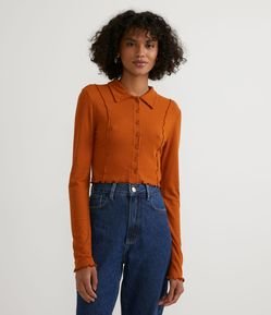 Blusa em Ribana com Gola Polo e Manga Longa