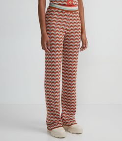 Calça Pantalona em Tricô Geométrico com Cós Elástico Listrado