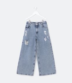 Calça Wide Leg Infantil em Jeans com Puídos - Tam 5 a 14 anos