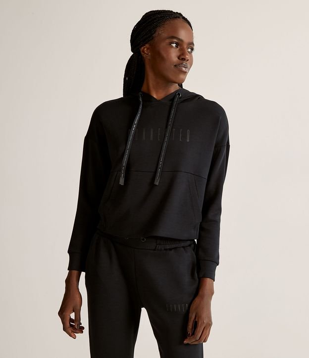Blusão Fechado Esportivo em Modal com Lettering e Bolso Canguru