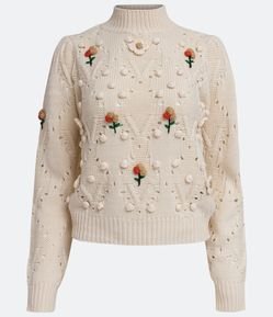 Suéter Gola Alta com Bordados Florais e Pompom