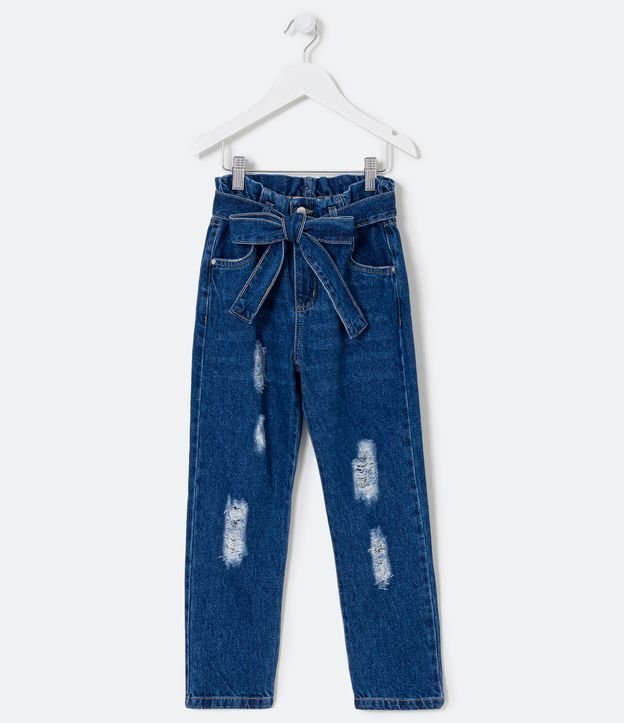 Calça Clochard em Jeans com Faixa e Puídos - Tam 5 a 14 anos Azul 1
