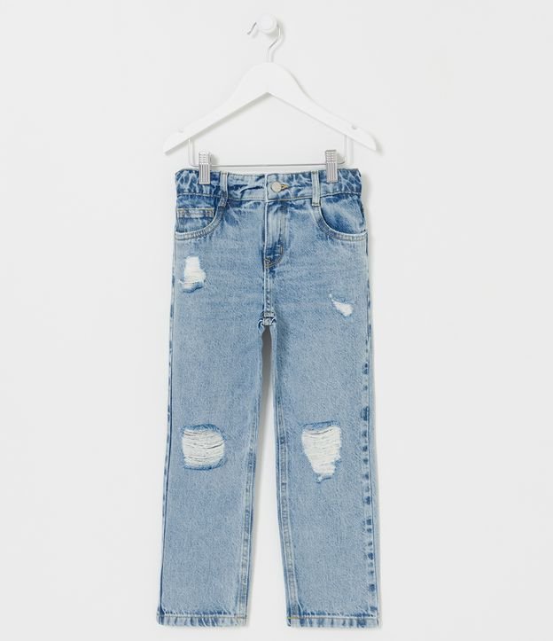 Calça Reta Infantil em Jeans com Puídos e Dobradinho na Barra - Tam 5 a 14 Anos
