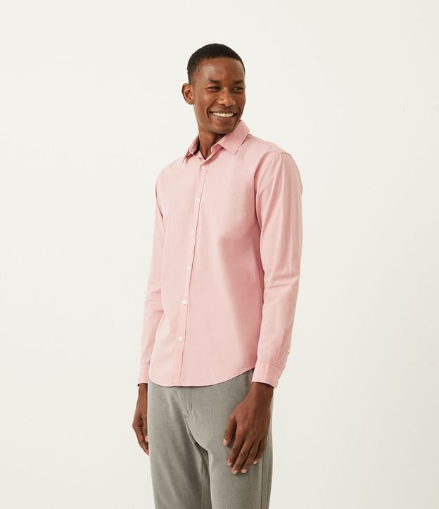 Camisa Comfort em Algodão Manga Longa com Listras Verticais Rosa 1