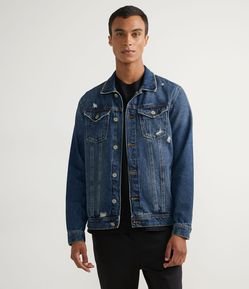 Jaqueta Jeans Marmorizada com Puídos e Recortes