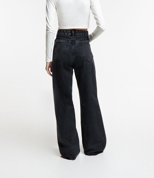 Calça Wide Leg Jeans com Cintura Alta e Barra Corte a Fio Preto 3
