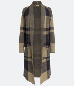 Cardigan Alongado em Tricô Xadrez com Bolsos Frontais