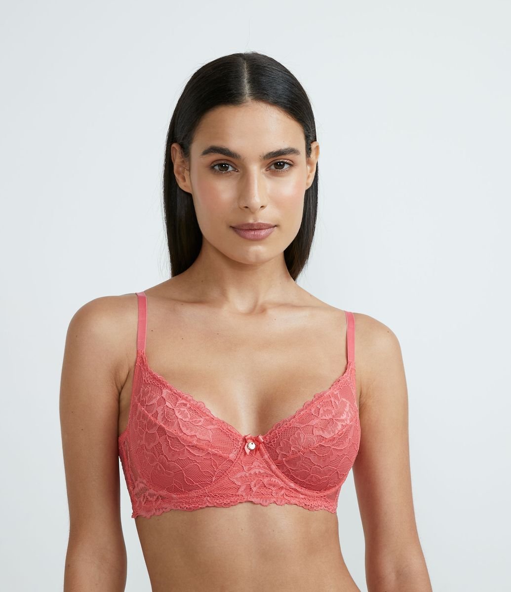 Sutiã em Renda Floral Delicada sem Bojo e com Aro Vermelho