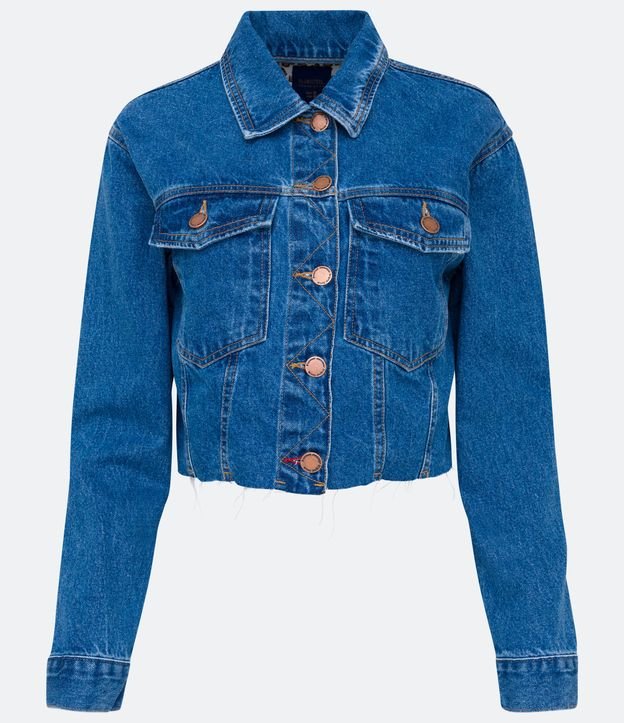 Jaqueta Cropped Jeans com Bolsos e Barra Corte a Fio Azul 7
