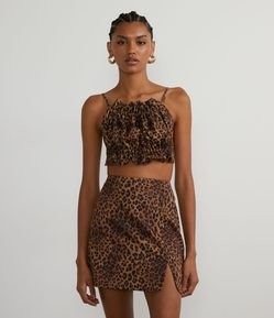 Blusa Regata Cropped em Crepe com Estampa Animal Print Onça