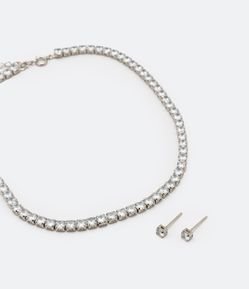 Conjunto Brinco e Gargantilha Cravejada em Zircônias e Ponto de Luz