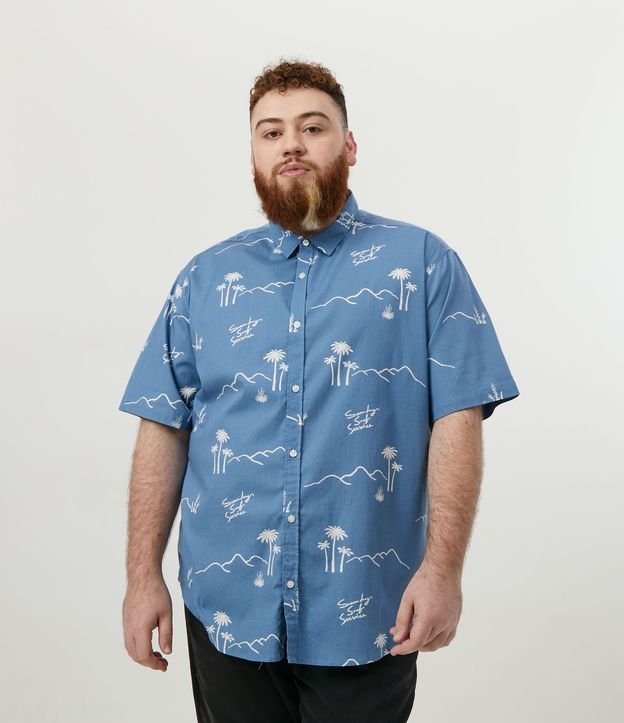 Camisa Manga Curta em Algodão com Estampa Havaiana - Plus Size - Cor: Azul - Tamanho: G1