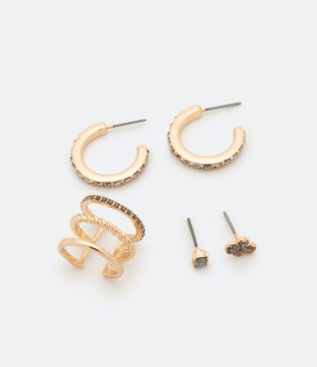 Kit 01 Par de Caravanas y 03 Piercings con Strass Dorado 2