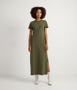 Vestido Longo em Algodão com Elástico na Cintura e Bolsos