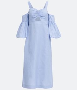 Vestido Midi em Linho com Decote Coração e Manga 3/4 Balonê