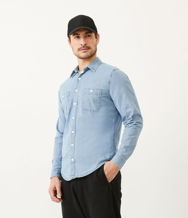 Camisa Slim Manga Larga en Algodón con Bolsillos Delave Azul 1