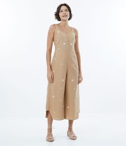 Macacão Pantacourt em Viscolinho com Margaridas Bordadas