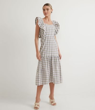 Vestido Midi em Algodão com Babados e Estampa Xadrez Menor preço em Vestido Midi em Algodão com Babados e Estampa Xadrez