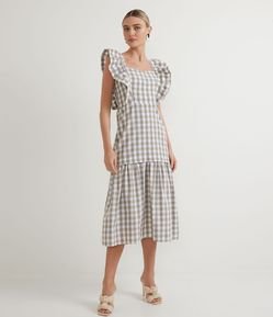 Vestido Midi em Algodão com Babados e Estampa Xadrez