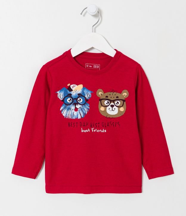 Camiseta Infantil em Algodão com Estampa Cachorrinho e Ursinho de Óculos - Tam 1 a 5 anos