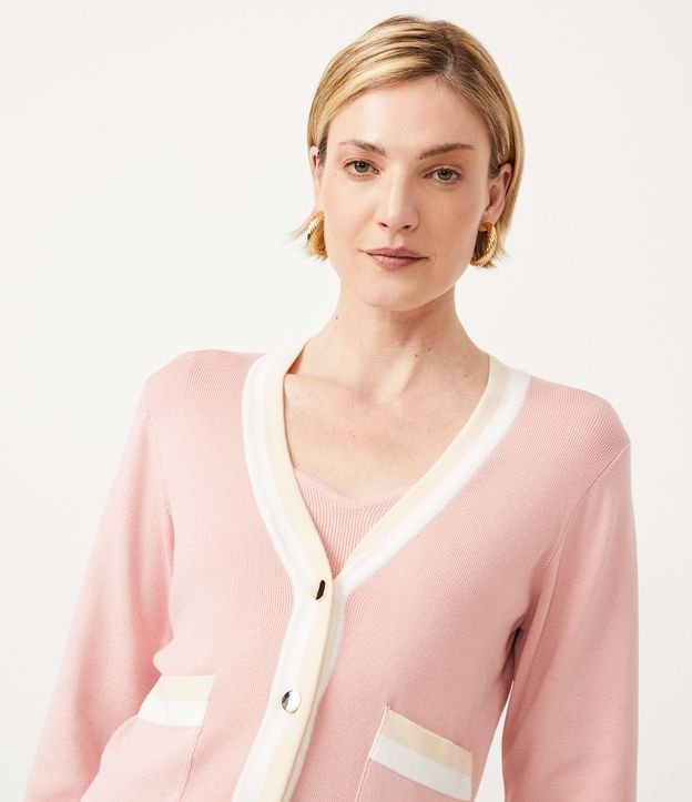 Cardigan de Punto con Rayas Contrastantes y Botones Delanteros Rosado 4