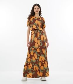 Saia Longa em Viscose com Estampa de Caju e Babado na Barra