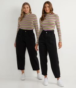 Blusa em Ribana com Estampa Listrada e Golinha Alta