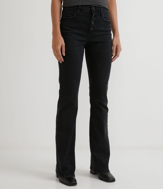 Calça Bootcut Jeans com Botões Frontais Preto 2