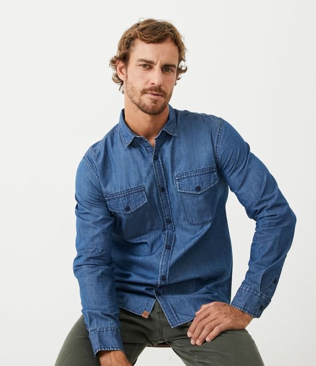 Camisa Manga Larga en Jean con Bolsillos Azul 4