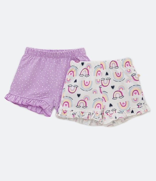 Kit 02 Shorts Infantiles en Jersey con Estampado de Lunares y Arcoiris - Talle 0 a 18 meses Violeta/Blanco 1