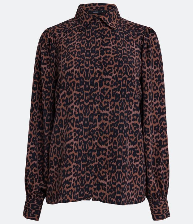Camisa en Crepé con Estampado Animal Print Leopardo y Manga Abullonada Marrón 7