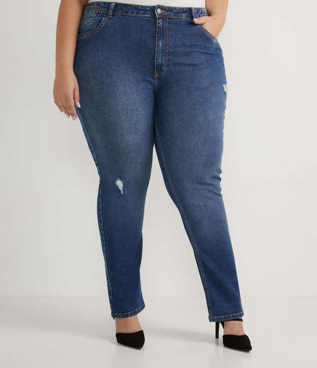 Calça Reta em Jeans com Puídos