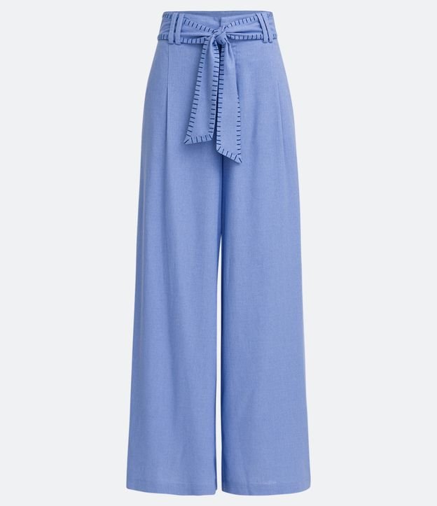 Pantalón Pantalona en Lino con Cinturón con Bordados Pespuntados Azul 5