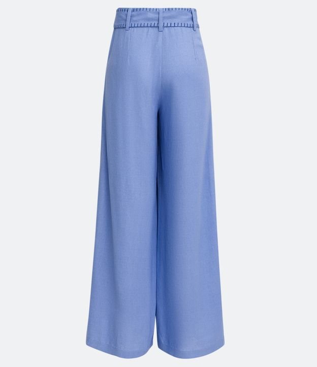 Pantalón Pantalona en Lino con Cinturón con Bordados Pespuntados Azul 6