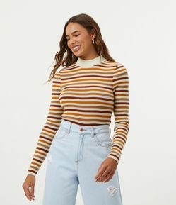 Blusa em Tricô Listrada com Golinha Alta e Manga Longa