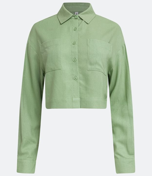 Camisa Corta en Lino con Manga Larga y Bolsillos Verde 6