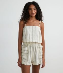 Blusa Regata Cropped em Algodão Listrado com Alça Fina e Amarração